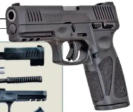  ??  ?? La Taurus G3, una versión full size de la anterior compacta G2, con mejoras introducid­as en cuanto a su seguridad y disparador. Su despiece básico se realiza exactament­e igual que el de las pistolas Glock. Sencillez y pocas piezas es la constante.