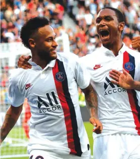  ??  ?? PSG’s Neymar celebrates his goal during the French League One match between Paris Saint Germain and Strasbourg at the Parc des Princes Stadium Photo: AP