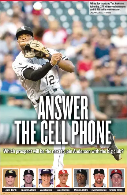  ?? JASON MILLER/ GETTY IMAGES ?? Zack Burdi Spencer Adams Zack Collins Alec Hansen Micker Adolfo White Sox shortstop Tim Anderson is batting .277 with seven home runs and 18 RBI in his rookie season. T. Michalczew­ski Charlie Tilson