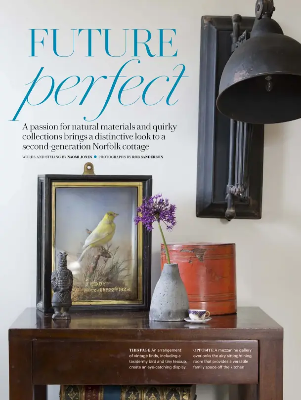  ??  ?? THIS PAGE An arrangemen­t of vintage finds, including a taxidermy bird and tiny teacup, create an eye-catching display OPPOSITE A mezzanine gallery overlooks the airy sitting/dining room that provides a versatile family space off the kitchen