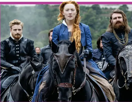  ??  ?? Riding for a fall: Mary (Saoirse Ronan) and Lord Darnley (Jack Lowden, left). Inset: Elizabeth I (Margot Robbie)