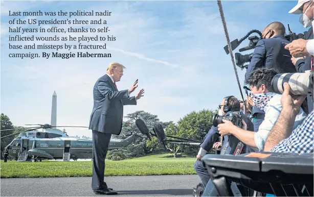  ??  ?? JUST CHECK MY TWITTER FEED: President Donald Trump speaks to reporters as he leaves the White House en route to Yuma, Arizona, on June 23. Mr Trump’s missteps in responding to an array of crises in June are imperiling his re-election campaign.