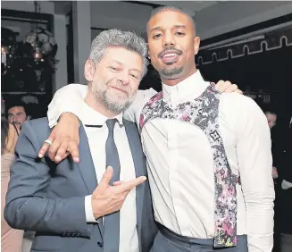  ??  ?? ▼ Harnesses are 2019’s must-have fashion item in LA – see Michael B Jordan, left with Andy Serkis, and Timothee Chalamet, facing page, but you won’t catch Ross in one!