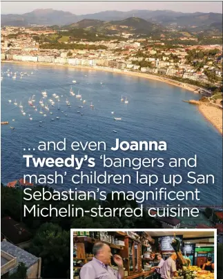  ??  ?? TASTEFUL: The view of San Sebastian and Santa Clara island from Mount Igueldo. Some pintxos in one of the city’s numerous bars, right, and, below, a plate of calamari