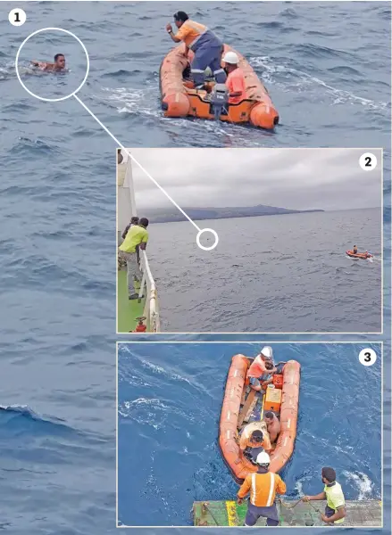  ?? Photo: Jitendra Reddy ?? 1 Two crew members of the Interlink Shipping ferry MV Ohana attempt to rescue the man after he jumped off the vessel.
2/3 The rescue team approaches the man. The rescue team returns to the ship safely with Mr Vuataki.