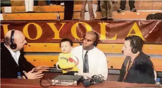  ?? Courtesy of Shawn Baldwin ?? Baldwin Jr. joins his father, Pat, then an assistant coach with Loyola (Chicago), for an interview.