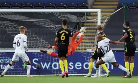  ??  ?? André Ayew (No 22) scores for Swansea against Brentford, 17 minutes after he had a penalty saved, in the first leg of their Championsh­ip play-off semi-final. Photograph: John Sibley/Action Images/Reuters