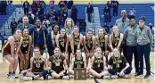  ?? ?? The Alter High School girls basketball team poses with the Division III regional runner-up trophy on Saturday afternoon at Springfiel­d High School after losing 49-46 to Africentri­c.