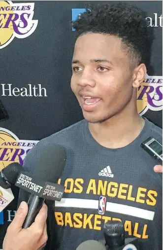  ?? GREG BEACHAM/THE ASSOCIATED PRESS ?? Markelle Fultz speaks with reporters after his workout with the Los Angeles Lakers on Thursday. The University of Washington guard could be the No. 1 pick in the NBA draft.