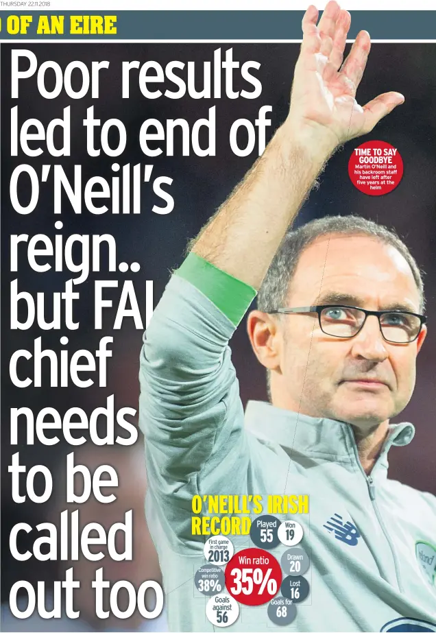  ??  ?? TIME TO SAY GOODBYE Martin O’neill and his backroom staff have left after five years at the helm
