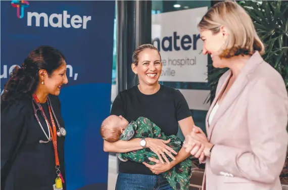  ?? ?? Psychiatry registrar Kiran Sharma, Stephanie Barwick with 10-week-old son Ted, and Health Minister Shannon Fentiman at the announceme­nt on Friday.