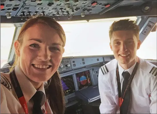  ??  ?? Rising stars: Captain Kate McWilliams and teenage pilot Luke Elsworth flew an Airbus full of holidaymak­ers from Gatwick to Malta