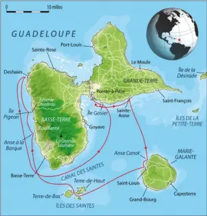  ??  ?? 144 milles au loch autour des îles de la Guadeloupe. Un parcours un peu laborieux sur le retour (Deshaies Pointe-à-pitre) qui se fait face à l’alizé. Mais impossible de faire autrement tant que les ponts ouvrants de la rivière salée entre Basse-Terre et Grande-Terre ne seront pas rénovés.