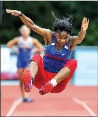  ?? Arkansas Democrat-Gazette/MITCHELL PE MASILUN ?? Johnaya Givens of Little Rock Parkview jumped 18 feet, 41/ inches 2 to win the long jump at the state high school heptathlon Wednesday at Cabot High School. Givens finished the day in second place behind Clinton’s Allie Hensley.