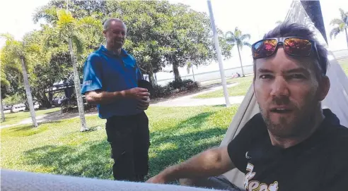  ??  ?? FLUMMOXED: Cairns man Philip Warring says a security guard on the Cairns Esplanade told him to take down his hammock.