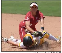  ?? NWA Democrat-Gazette/ANDY SHUPE ?? Arkansas second baseman Haydi Bugarin (top) collides with Wichita State third baseman Mackenzie Wright on Saturday as Wright slides safely into second base during the third inning of the Razorbacks’ victory over the Shockers in Fayettevil­le.