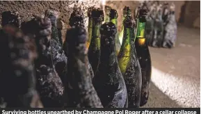  ??  ?? Surviving bottles unearthed by Champagne Pol Roger after a cellar collapse