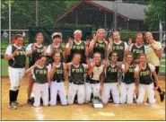  ?? MIKE STRIBL — DAILY FREEMAN ?? Roosevelt High players celebrate after defeating Pine Plains 5-4 in Thursday’s MHAL softball final at Red Hook Recreation Park.