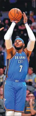  ?? AGENCE FRANCE-PRESSE ?? From left: Oklahoma City’s Carmelo Anthony, Russell Westbrook and Paul George — expectatio­ns are high that the Thunder’s newly assembled ‘Big Three’ can end their wait for a maiden NBA title this season.