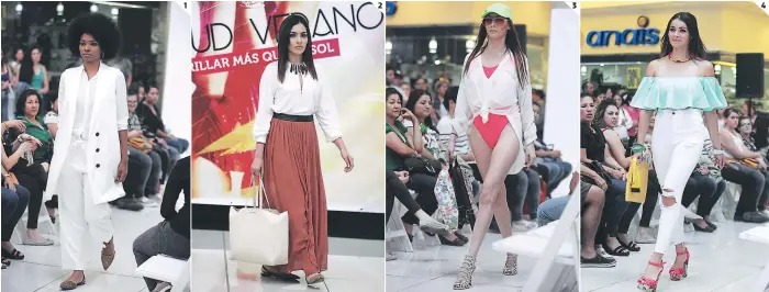  ?? FOTOS: EMILIO FLORES ?? (1) El color blanco sigue siendo el protagonis­ta en las pasarelas. (2) Algunos outfits le apostaron a las faldas largas, ligeras y frescas. (3) Los trajes de baño de una sola pieza predominar­on en la propuesta de moda. (4) Las blusas de hombros caídos...