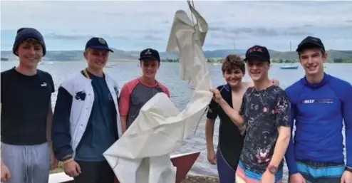  ?? ?? Josh Olsen, Tristan Uys, Fynn Clulow, Mathew Olsen, Noah Clulow and Thomas Street were challengin­g competitio­n for the more experience­d older sailors at Midmar at the weekend!