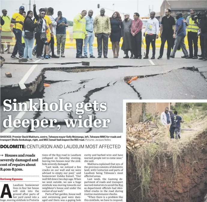  ?? Pictures: Jacques Nelles ?? SHOCKED. Premier David Makhura, centre, Tshwane mayor Solly Msimanga, left, Tshwane MMC for roads and transport Sheila Senkubuge, right, and MEC Ismail Vadi inspect the R55 road. DEEP. Passers-by are startled by a massive sinkhole along the R55 road...