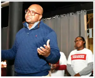  ?? (Pine Bluff Commercial/I.C. Murrell) ?? Go Forward Pine Bluff CEO Ryan Watley speaks to supporters after the final voting tally from the special election of two Go Forward-sponsored tax measures was announced Tuesday at RJ’s Sports Bar and Grill.