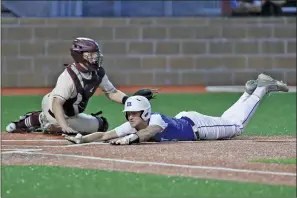  ?? RICK NATION/SPECIAL to The Saline Courier ?? Bryant junior Connor Martin slides home for the eventual winning run in a 4-2 win over the Benton Panthers in the Big Red Series at Everett Field at Panther Stadium in Benton.