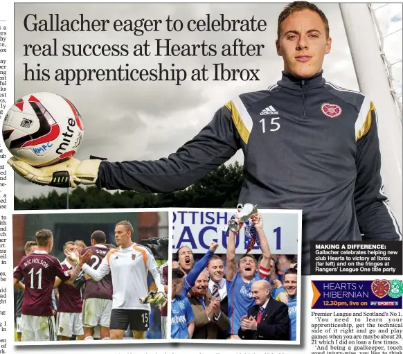  ??  ?? MAKING A DIFFERENCE: Gallacher celebrates helping new club Hearts to victory at Ibrox (far left) and on the fringes at Rangers’ League One title party