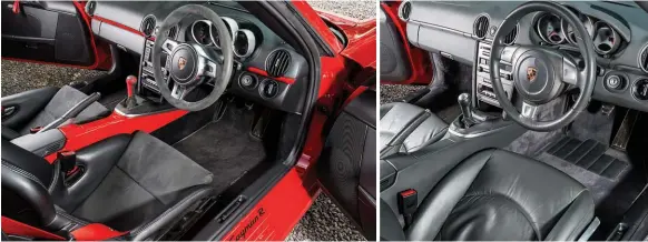  ??  ?? The R has Porsche’s fab bucket seats and lovely tactile Alcantara wheel, plus red highlights. Cayman S interior is rather more austere