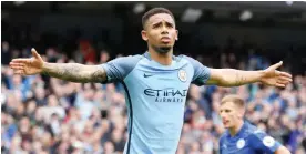  ??  ?? MANCHESTER: Manchester City’s Brazilian striker Gabriel Jesus celebrates scoring the second goal during the English Premier League football match between Manchester City and Leicester City at the Etihad Stadium. — AFP