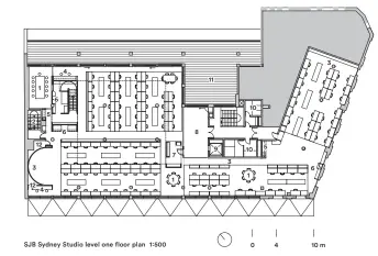  ??  ?? 1 Meeting space 2 Fire stairs 3 Pin-up wall 4 Quiet working area 5 Tea station 6 Print area 7 Entry, coats and boots 8 Lobby 9 Lift 10 Bathrooms 11 Deck 12 Storage