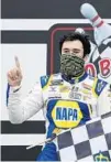  ??  ?? Chase Elliott celebrates after winning the NASCAR Cup Series road-course race at Daytona Internatio­nal Speedway.