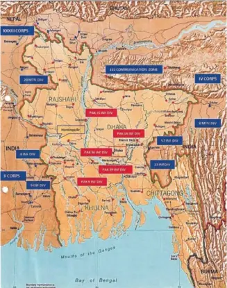  ?? ?? Map of erstwhile East Pakistan with Indian and Pakistan Army Divisions superimpos­ed