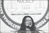  ?? Getty Images/tns ?? U.S. Rep. Rashida Tlaib (D-MI) speaks at the opening plenary session of the NAACP 110th National Convention at the COBO Center on July 22.
