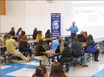  ?? PHOTO VINCENT OSUNA ?? Central Union High School Principal Craig Lyon speaks to parents and guardians in attendance during a parent safety meeting on Tuesday at CUHS in El Centro.