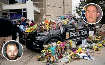  ?? AP ?? Residents leave bouquets on a police cruiser parked outside the Boulder Police Department after Officer Eric Talley, top right, was one of the victims of a mass shooting at a King Soopers grocery store on Tuesday. Inset: Ahmad Al Aliwi Alissa, bottom left, has been charged with 10 murders.