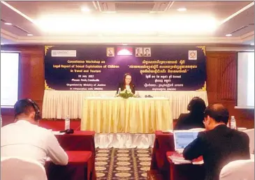  ?? KONG META ?? A speaker presents the legal report on sexual exploitati­on of children on Monday in Phnom Penh.