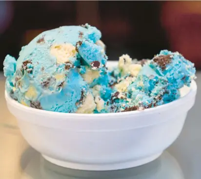  ?? APRIL GAMIZ/MORNING CALL PHOTOS ?? A dish of Cookie Monster ice cream, a popular flavor, is seen Thursday at Sundaes on Broadway in Wind Gap. Sundaes on Broadway took over the space that housed Sweet Nanny’s Candies and Ice Cream Creamery, which closed in February.