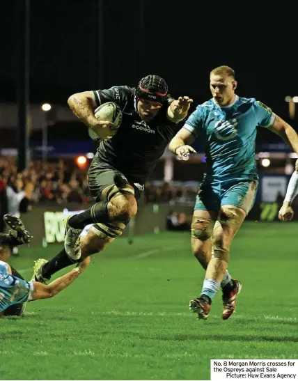 ?? ?? No. 8 Morgan Morris crosses for the Ospreys against Sale
Picture: Huw Evans Agency