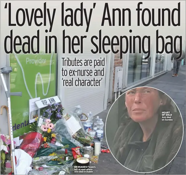  ?? ?? MESSAGES Flowers left at spot where Ann died in Dublin
HEART OF GOLD Ann died on Sunday