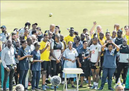  ??  ?? Happy birthday! Kaizer Chiefs players and staff celebrated their chairman and owner Kaizer Motaung’s 75th birthday on Wednesday, although the man of the moment was overseas. Photo: Lefty Shivambu/gallo Images