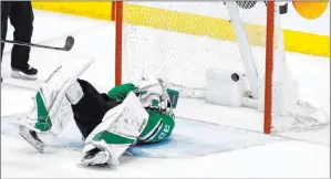  ?? Tony Gutierrez The Associated Press ?? After goaltender Ben Bishop has been stunned by a shot, another shot by St. Louis’ Jaden Schwartz gets by Bishop for a 3-1 lead in the Blues’ Game 6 victory.