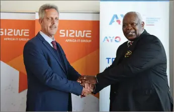  ?? COURTNEY AFRICA / African News Agency (ANA) ?? Hanno van Dyk, group chief executive of Sizwe IT Group, and Dr Wallace Mgopi, independen­t non-executive chairperso­n of Ayo Technology Solutions Limited. |