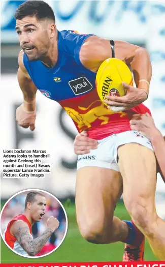  ?? ?? Lions backman Marcus Adams looks to handball against Geelong this month and (inset) Swans superstar Lance Franklin. Picture: Getty Images