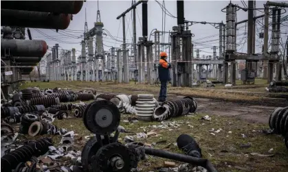  ?? Photograph: Ed Ram/Getty Images ?? A high-voltage substation switchyard stands partially destroyed after the Ukrenergo power station was hit by a missile strike.