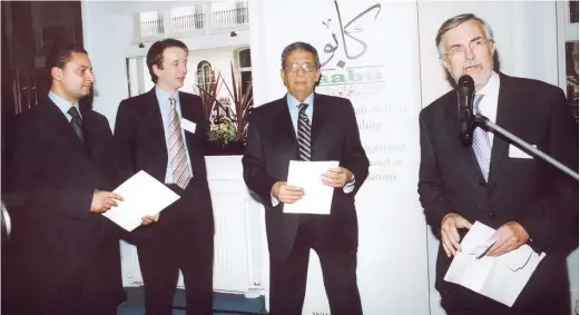  ??  ?? A file photo from CAABU's 40th anniversar­y celebratio­ns shows former Arab League Secretary-General Amr Moussa, 2nd right, Chris Doyle, director of CAABU, 2nd left, and others.