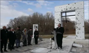  ?? AP PHOTO/PETR DAVID JOSEK ?? US Secretary of State Mike Pompeo delivers a speech at the Freedom Gate memorial in Bratislava, Slovakia, on Tuesday.