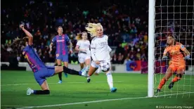  ?? ?? Caroline Graham Hansen scored Barca's fifth goal as they trounced Real 5-2 in the second leg