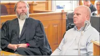  ?? TARA BRADBURY/THE TELEGRAM ?? Mark Rumboldt (right) sits with his lawyer, Jeff Brace, waiting for court proceeding­s to start after a break Tuesday morning. Rumboldt, 58, is charged with attempting to murder his wife by giving her prescripti­on medication. He has pleaded not guilty and his trial got underway Tuesday.